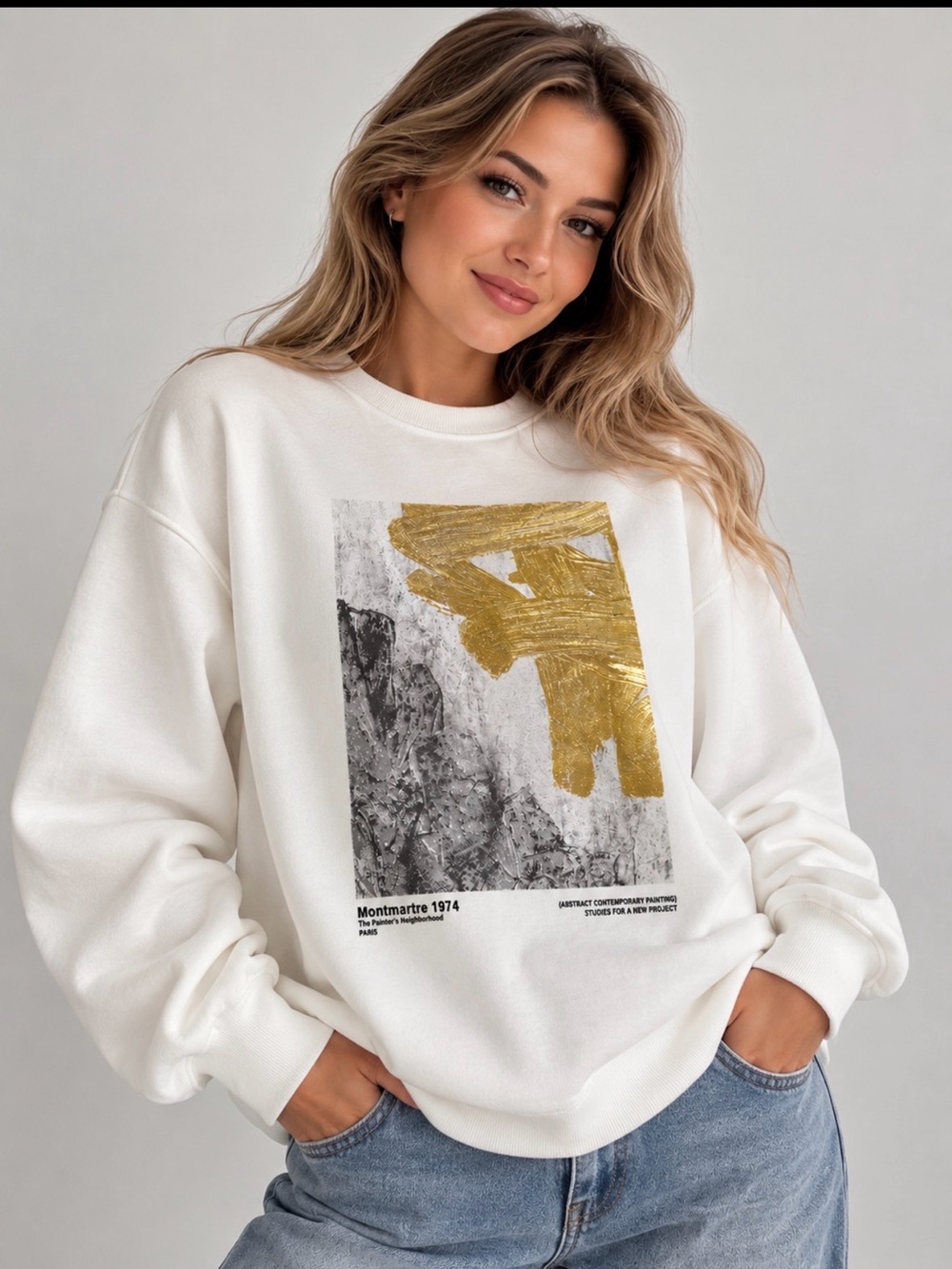 Zara White Sweatshirt with Gold and Gray Graphic
